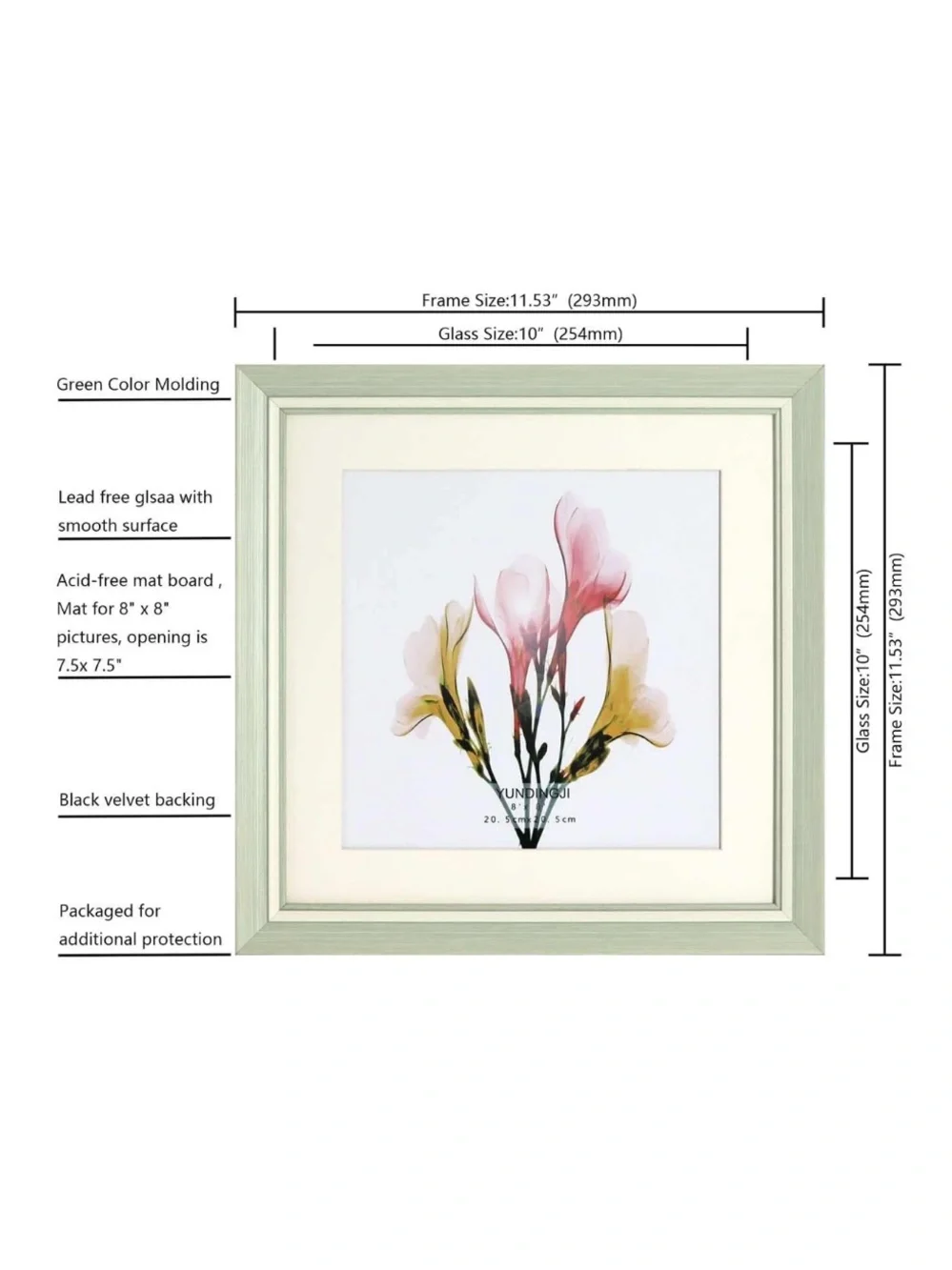 Solid Wood Picture Frame High-Definition Glass Cover plus Mat 10x10” SAGE GREEN